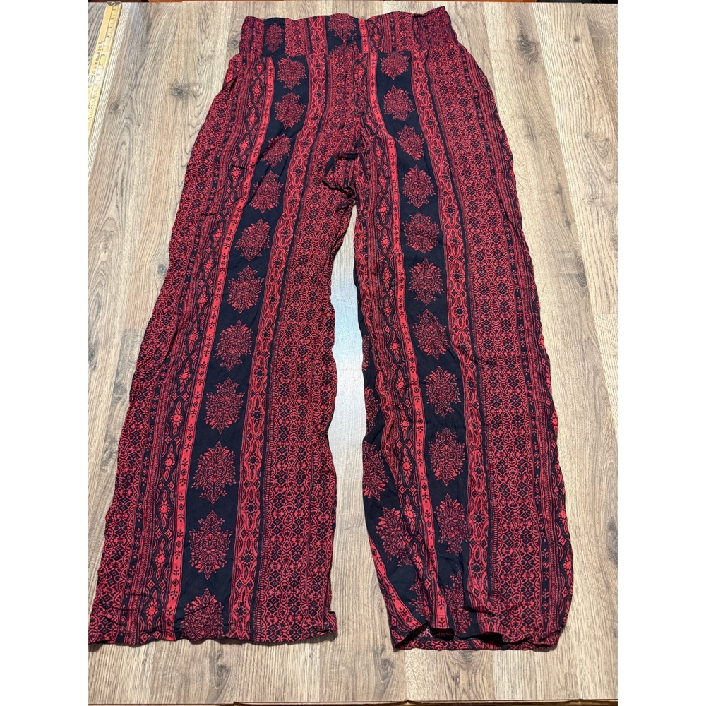 Peace & Pearls Wide Leg Pants Womens Large Red Black Boho Medallion Excellent
